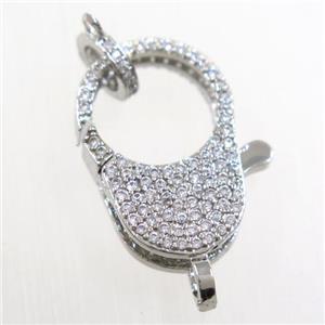 copper Lobster Clasp paved zircon, platinum plated, approx 15-23mm [FDZN6333]