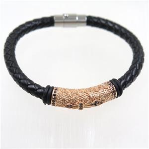 black PU leather cuff bracelet with copper beads pave zircon, approx 60mm dia [FDZN6345]