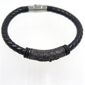 black PU leather cuff bracelet with copper beads pave zircon, approx 60mm dia [FDZN6348]
