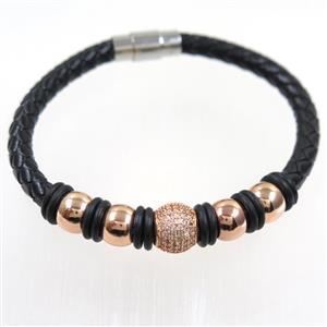 black PU leather cuff bracelet with copper beads pave zircon, approx 60mm dia [FDZN6349]