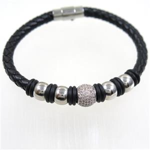 black PU leather cuff bracelet with copper beads pave zircon, approx 60mm dia [FDZN6350]