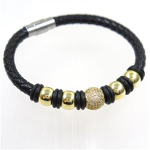 black PU leather cuff bracelet with copper beads pave zircon, approx 60mm dia [FDZN6351]