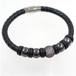 black PU leather cuff bracelet with copper beads pave zircon, approx 60mm dia [FDZN6352]