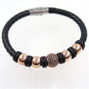 black PU leather bracelet with copper beads pave zircon, approx 60mm dia [FDZN6353]