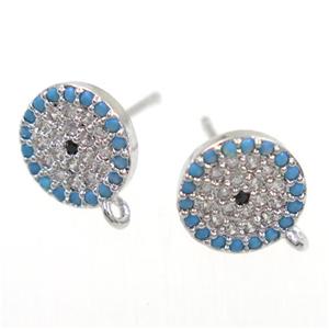 copper Earring Studs paved zircon, platinum plated, approx 9mm dia [FDZN6362]