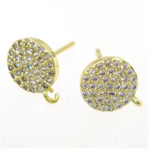 copper Earring Studs paved zircon, gold plated, approx 9mm dia [FDZN6371]