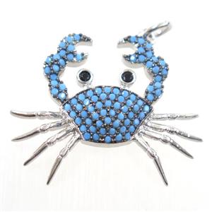 copper Cancer pendant paved zircon, turq, platinum plated, approx 23-27mm [FDZN6404]