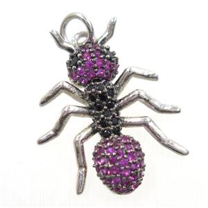 copper Ant pendant paved zircon, platinum plated, approx 17-22mm [FDZN6431]
