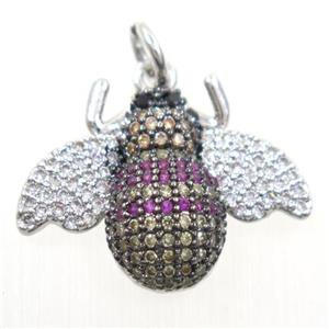 copper Honeybee pendant paved zircon, platinum plated, approx 15-20mm [FDZN6435]