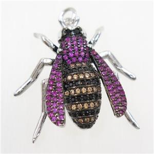copper Honeybee pendant paved zircon, platinum plated, approx 25-28mm [FDZN6439]