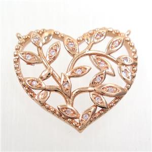copper pendants paved zircon with 2loops, heart, rose gold, approx 20-23mm [FDZN6472]