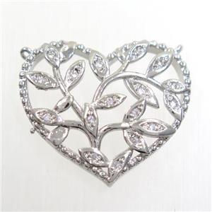 copper pendants paved zircon with 2loops, heart, platinum plated, approx 20-23mm [FDZN6473]