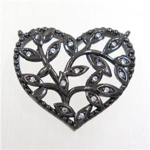 copper pendants paved zircon with 2loops, heart, black plated, approx 20-23mm [FDZN6475]
