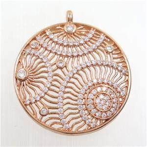 copper pendants paved zircon, circle, rose gold, approx 30mm dia [FDZN6496]
