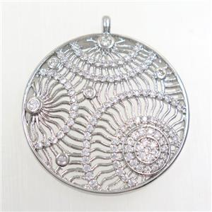 copper pendants paved zircon, circle, platinum, approx 30mm dia [FDZN6497]