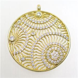 copper pendants paved zircon, circle, gold plated, approx 30mm dia [FDZN6498]
