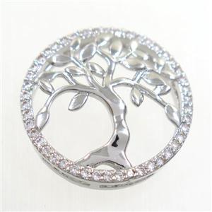 copper pendant paved zircon, circle, Tree of life, platinum plated, approx 20mm dia [FDZN6510]