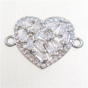 copper connector paved zircon, heart, platinum, approx 14-16mm [FDZN6546]