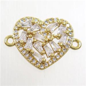 copper connector paved zircon, heart, gold plated, approx 14-16mm [FDZN6547]