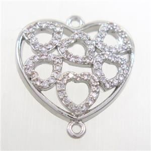 copper connector paved zircon, heart, platinum, approx 16-18mm [FDZN6552]