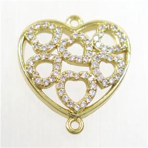 copper connector paved zircon, heart, gold plated, approx 16-18mm [FDZN6553]