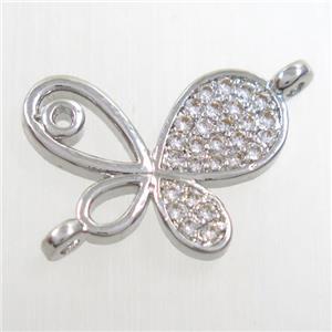 copper connector paved zircon, butterfly, platinum, approx 13-17mm [FDZN6561]