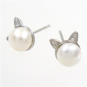 copper earring studs paved zircon, pearl, approx 7mm [FDZN6597]