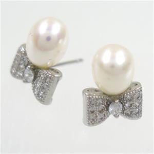 copper earring studs paved zircon, pearl, approx 10-15mm [FDZN6598]