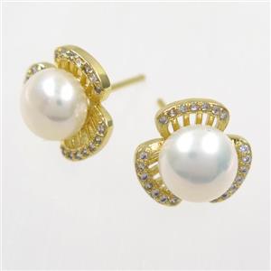copper earring studs paved zircon, pearl, approx 12mm [FDZN6599]