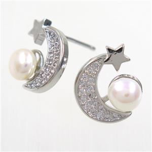 copper earring studs paved zircon, pearl, approx 12-13mm [FDZN6600]