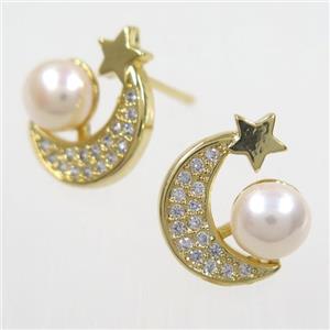 copper earring studs paved zircon, pearl, approx 12-13mm [FDZN6601]