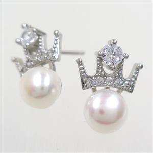 copper earring studs paved zircon, pearl, approx 13-17mm [FDZN6602]