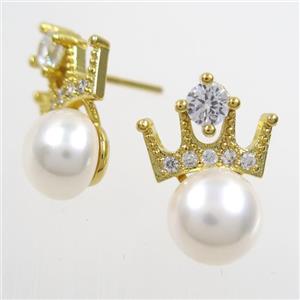 copper earring studs paved zircon, pearl, approx 13-17mm [FDZN6603]