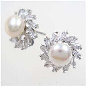 copper earring studs paved zircon, pearl, approx 15mm dia [FDZN6604]