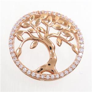 copper circle connector pave zircon, tree of life, rose gold, approx 20mm dia [FDZN6606]