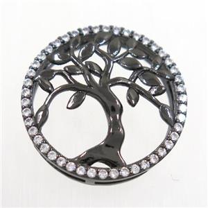 copper circle connector pave zircon, tree of life, black plated, approx 20mm dia [FDZN6607]