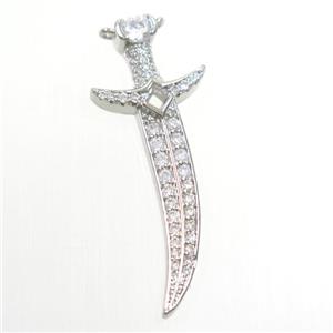 copper knife pendant paved zircon, platinum plated, approx 15-40mm [FDZN6610]