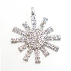 copper sunflower pendant paved zircon, platinum plated, approx 14mm dia [FDZN6645]