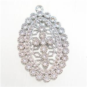copper oval pendant paved zircon, platinum plated, approx 20-30mm [FDZN6654]