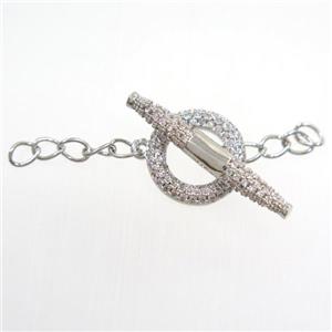 copper toggle clasp paved zircon, platinum plated, approx 14mm dia, 27mm [FDZN6669]