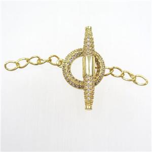 copper toggle clasp paved zircon, gold plated, approx 14mm dia, 27mm [FDZN6670]
