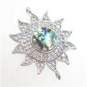 copper sunflower connector paved zircon with abalone shell, platinum plated, approx 22mm dia [FDZN6677]