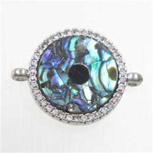 copper circle connector paved zircon with abalone shell, platinum plated, approx 15mm dia [FDZN6685]
