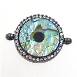 copper circle connector paved zircon with abalone shell, black plated, approx 15mm dia [FDZN6687]