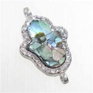 copper hamsahand connector paved zircon with abalone shell, platinum plated, approx 13-18mm [FDZN6690]