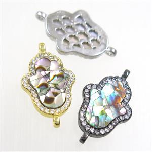 copper hamsahand connector paved zircon with abalone shell, mixed, approx 13-18mm [FDZN6693]