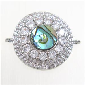 copper circle connector paved zircon with abalone shell, platinum plated, approx 18mm dia [FDZN6695]