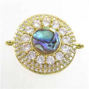 copper circle connector paved zircon with abalone shell, gold plated, approx 18mm dia [FDZN6696]