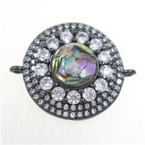 copper circle connector paved zircon with abalone shell, black plated, approx 18mm dia [FDZN6697]