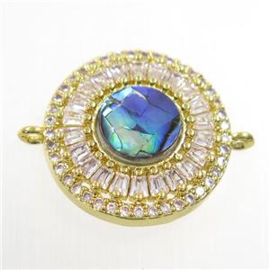 copper circle connector paved zircon with abalone shell, gold plated, approx 18mm dia [FDZN6701]